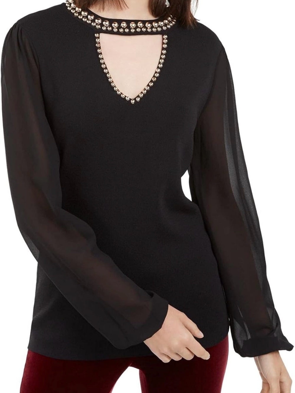 INC International Concepts Black Crewneck Sweater with Metallic Bead Keyhole